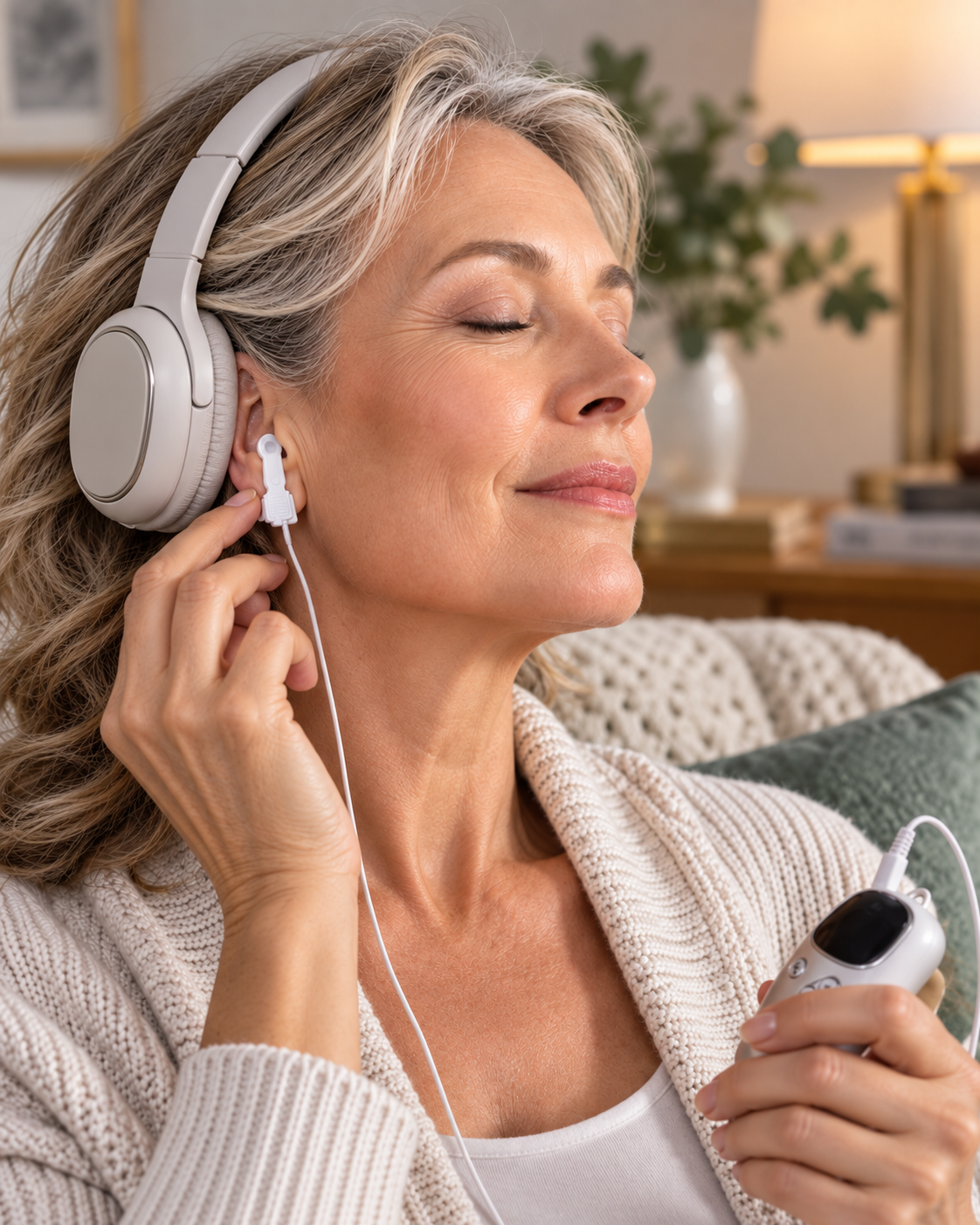 Mulher madura relaxando com fones de ouvido