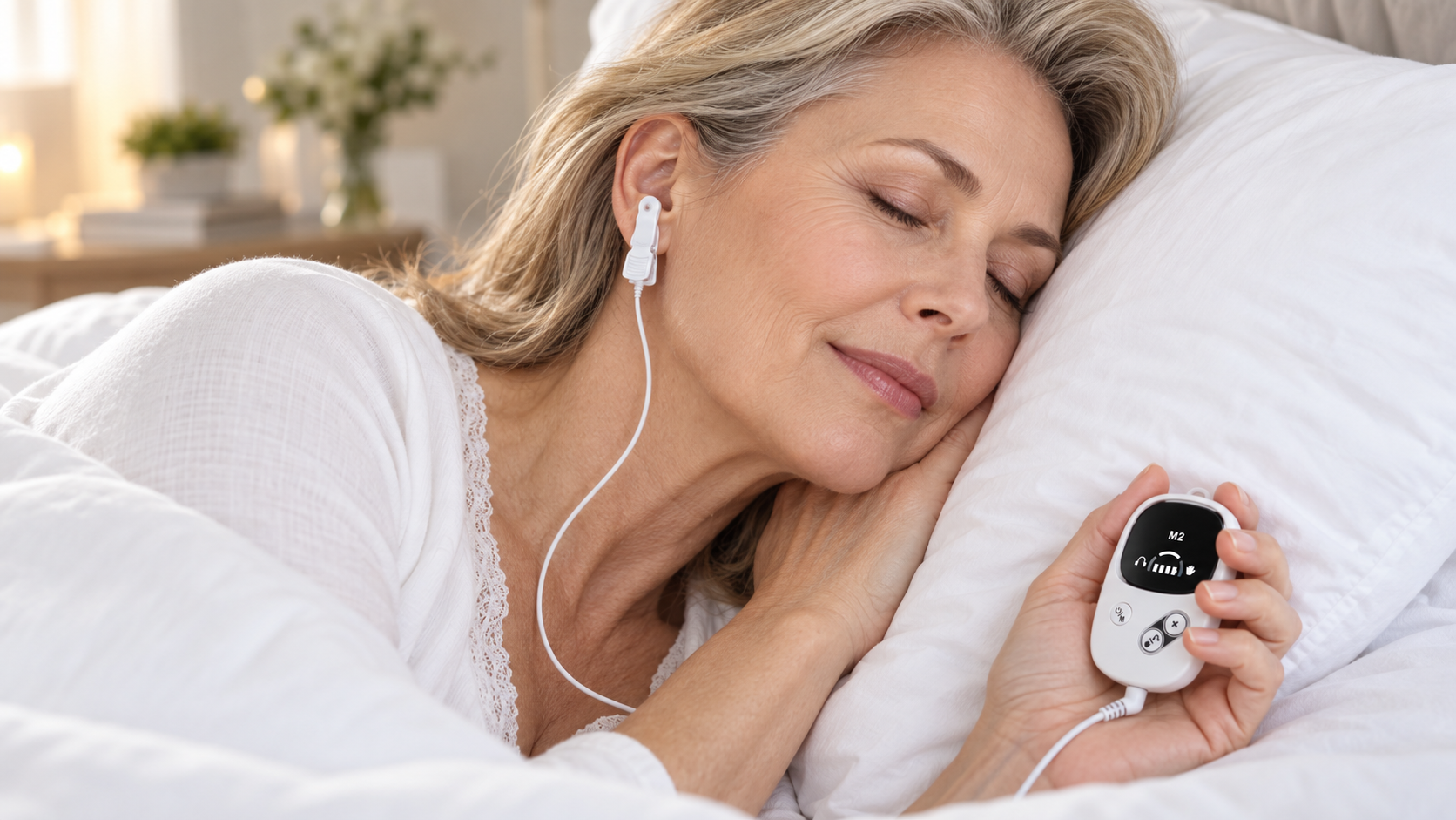 Mão segurando o NeuroVago durante o uso, com o clipe auricular conectado